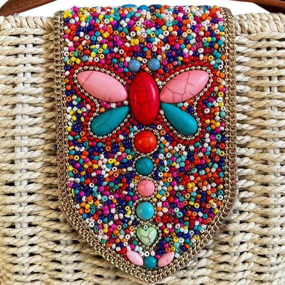 Brand New Women’s Cream Basket & Faux Brown Leather Purse w/ Colourful Beads - Picture 8 of 9